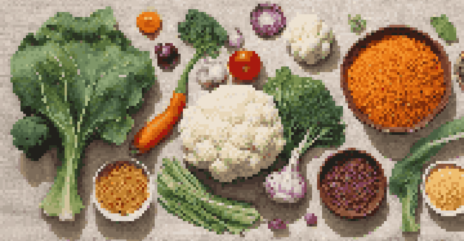 A flat lay of plant-based ingredients including lentils, vegetables, and cauliflower rice on a textured linen fabric.