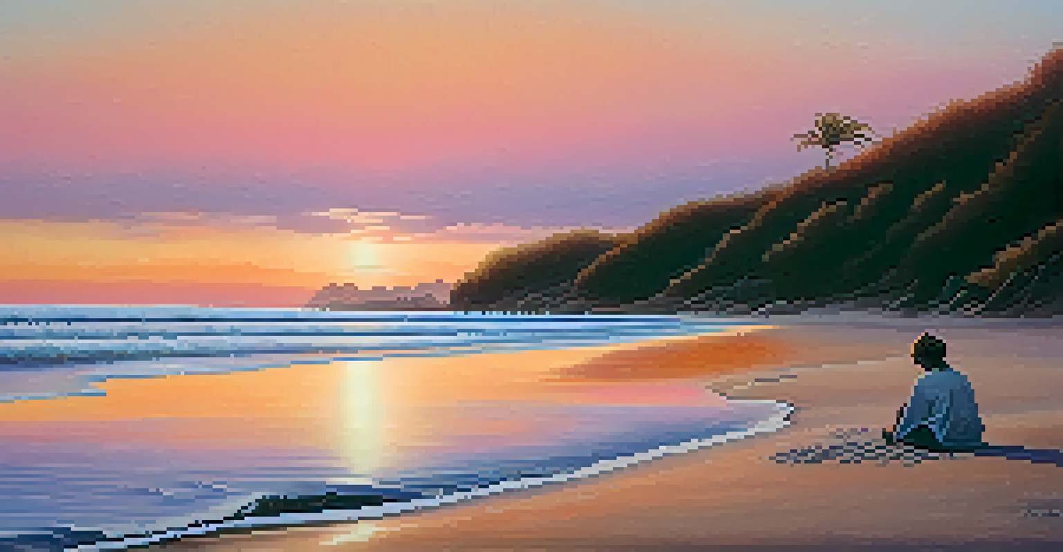 A tranquil beach with sunset colors, waves gently hitting the shore, and a person meditating on the sand, promoting relaxation.