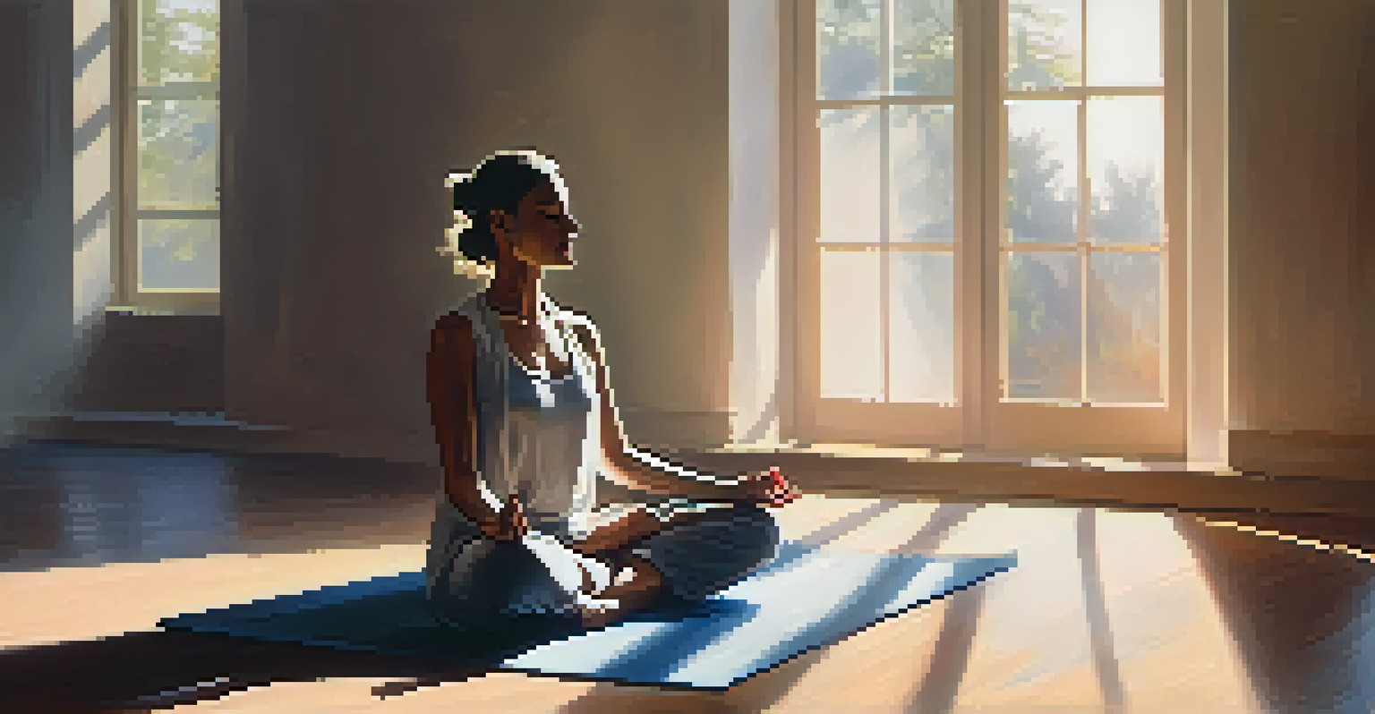 A person meditating on a yoga mat with a diffuser in the foreground, sunlight filtering through a window.