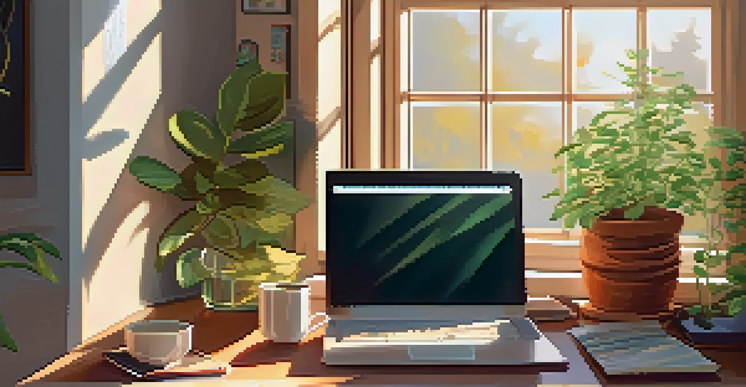A cozy home workspace with a desk, laptop, and a cup of tea, illuminated by sunlight.
