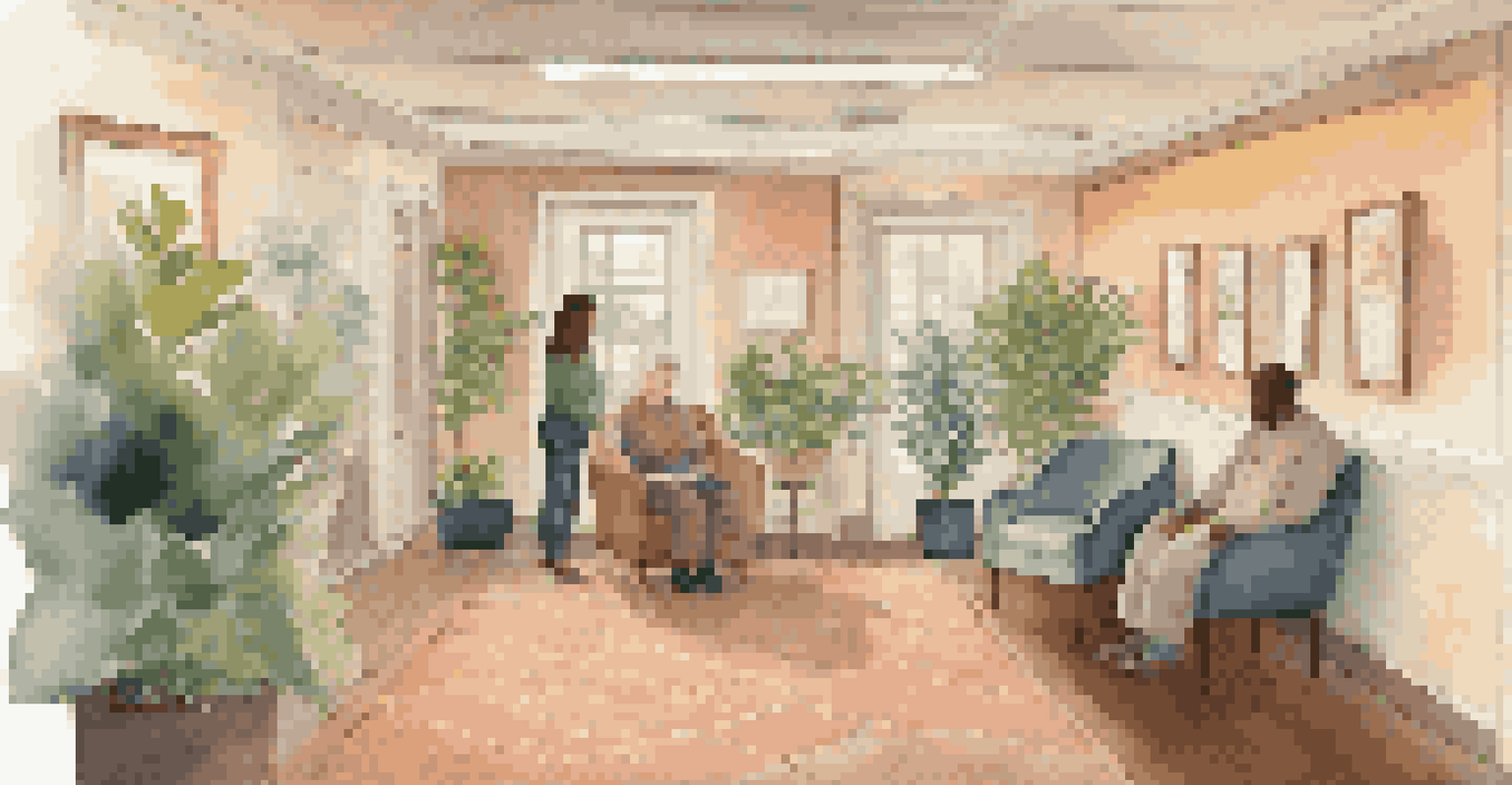 A patient and a therapist seated in a cozy room for a mental health check-in, with soft lighting and plants creating a comforting environment.
