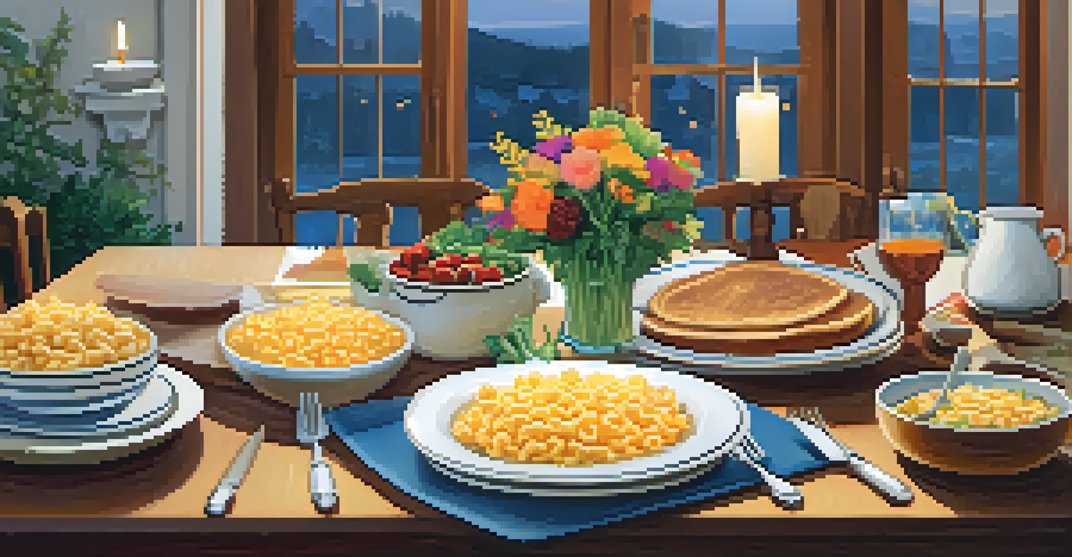 A dining table set for a family meal, featuring a variety of allergy-friendly dishes, decorated with vibrant colors and soft candlelight ambiance.