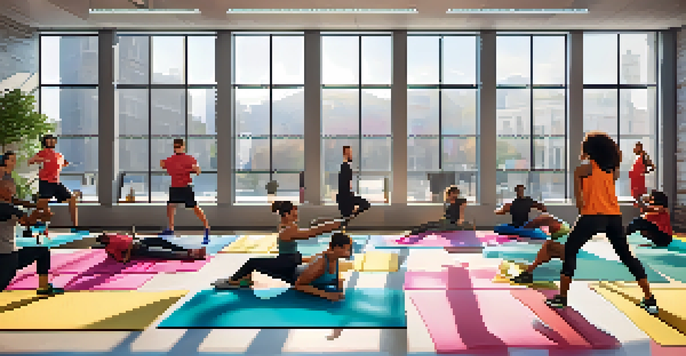 A diverse group of employees participating in a group workout in a bright office space filled with natural light.