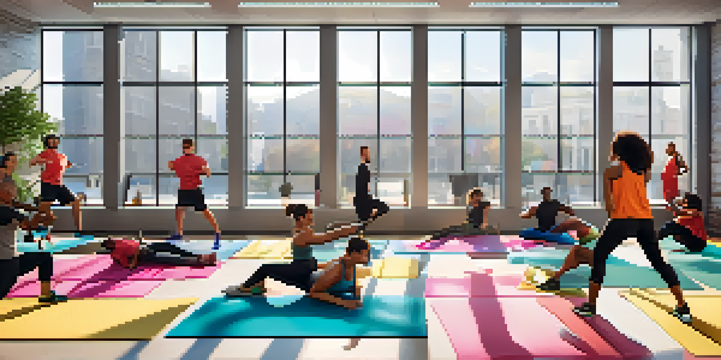 A diverse group of employees participating in a group workout in a bright office space filled with natural light.