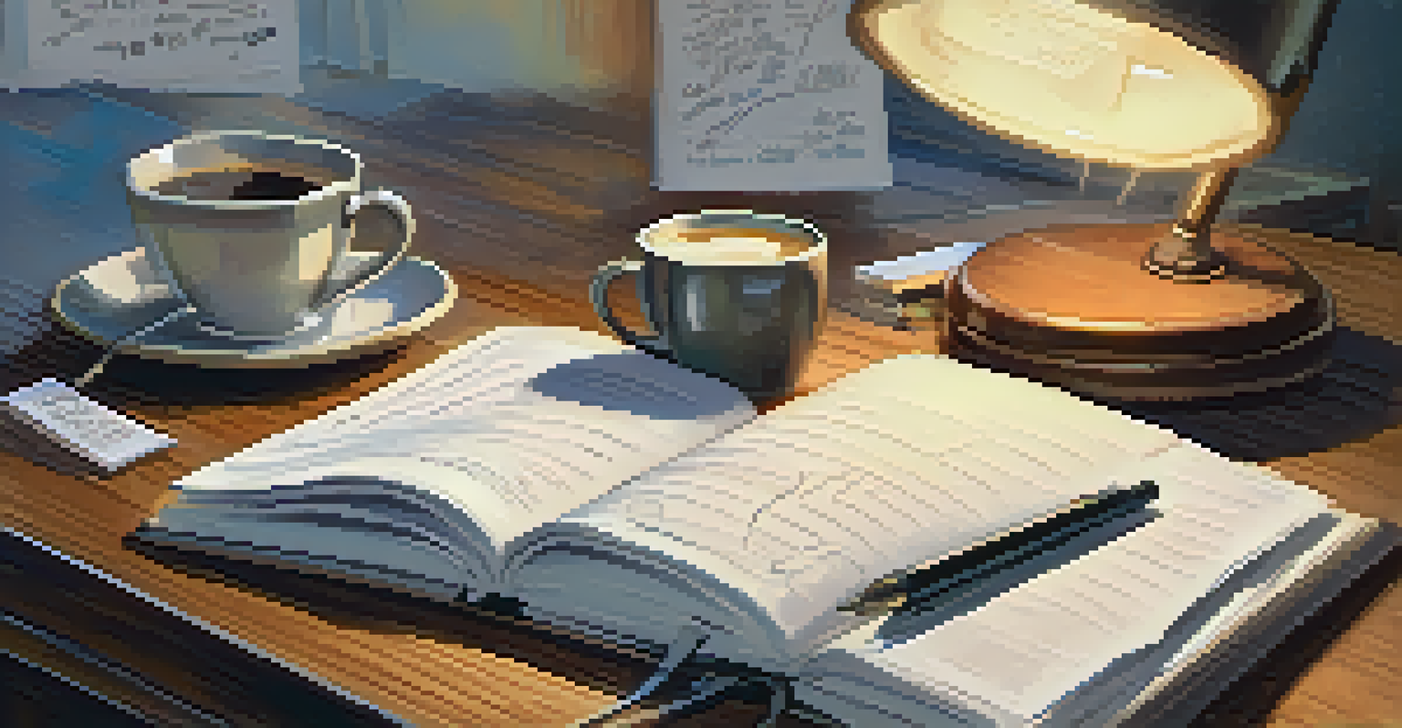 A notebook with handwritten notes about decision-making strategies beside a steaming cup of coffee on a desk.