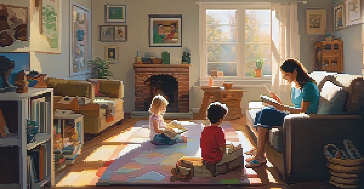 A parent reading a storybook to their child in a cozy living room filled with sunlight and family photos.