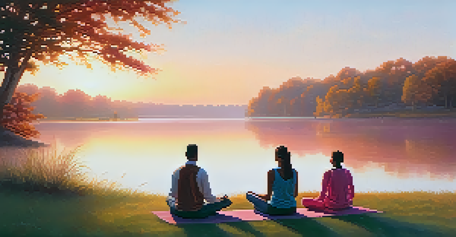 People meditating by a calm lake at sunrise, with colorful skies and mist over the water.
