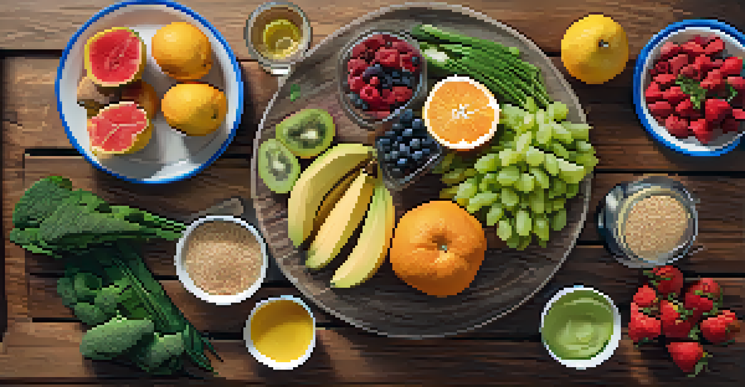 An overhead view of a colorful, balanced meal for athletes, showcasing fresh ingredients.