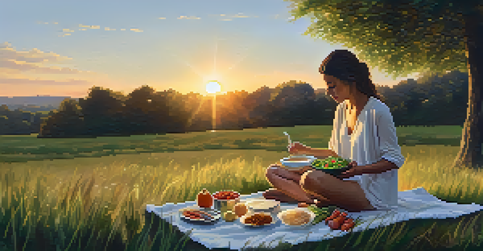 A person sitting on grass enjoying a meal with a sunset in the background, representing mindful eating.