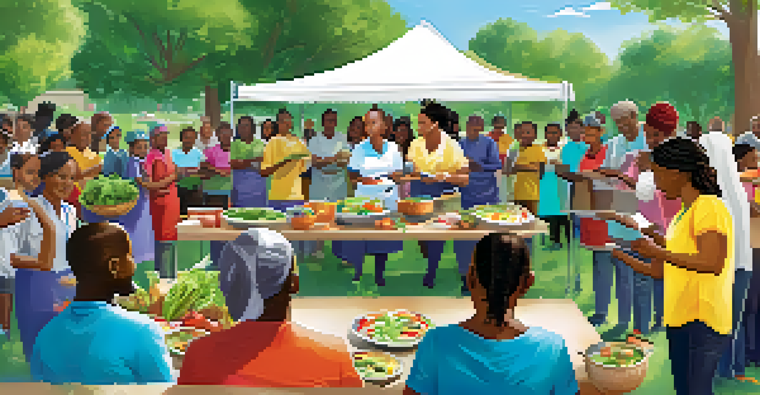 A community health workshop in a park where a facilitator demonstrates healthy cooking techniques to a diverse group of participants.