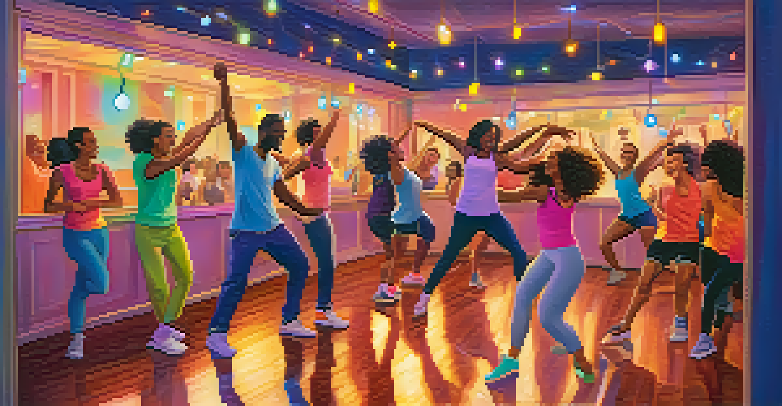 A group of friends dancing in a brightly lit indoor workout class, reflecting joy and excitement in a lively atmosphere.