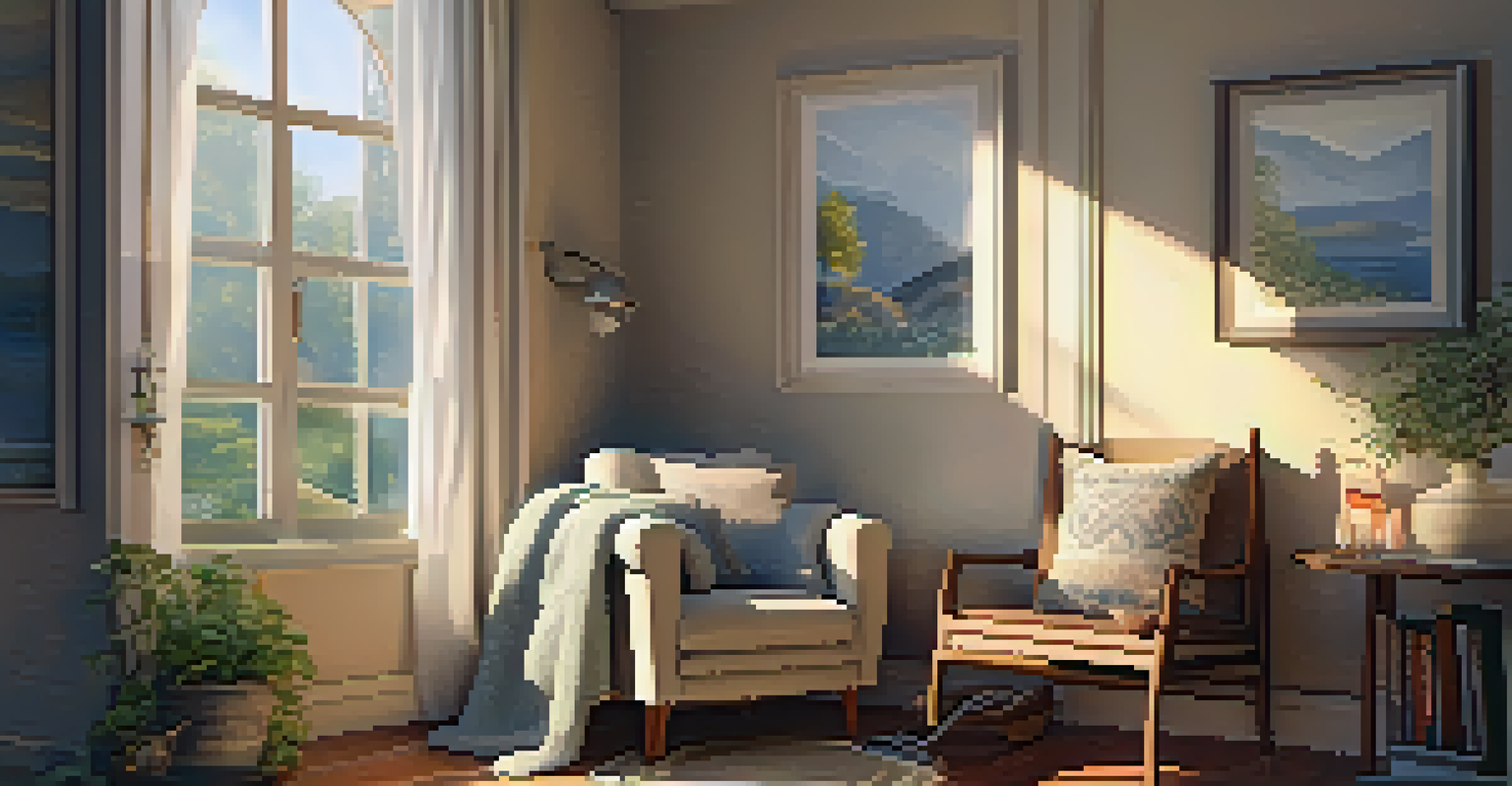 A cozy reading nook with a comfortable armchair, a blanket, a cup of tea on a table, and soft natural light from a window, ideal for winding down.