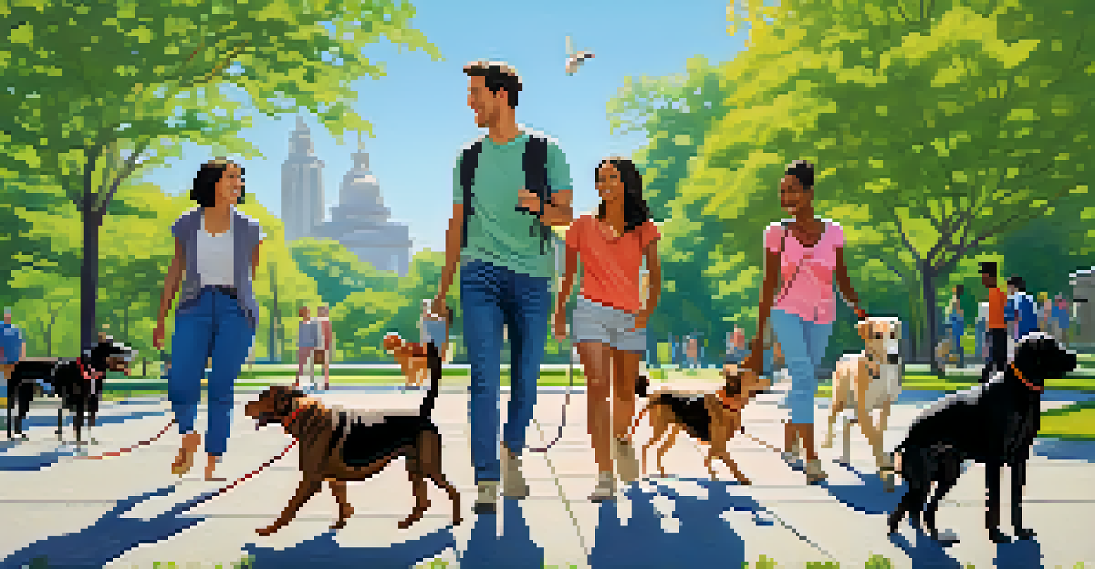 A group of people walking dogs in a sunny park, interacting and enjoying the outdoors.