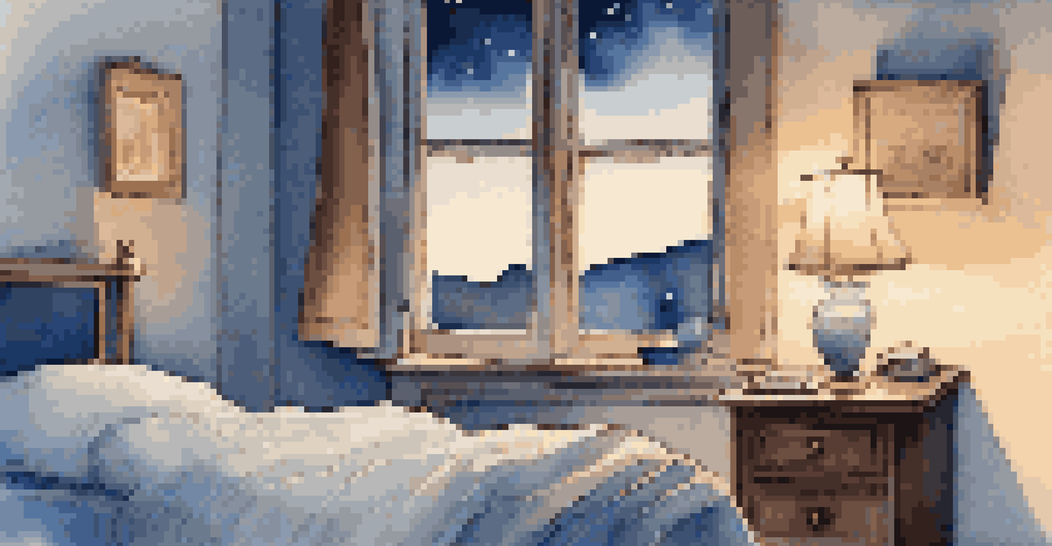 A cozy bedroom with a journal and a candle on the bedside table, framed by a starry sky outside the window.