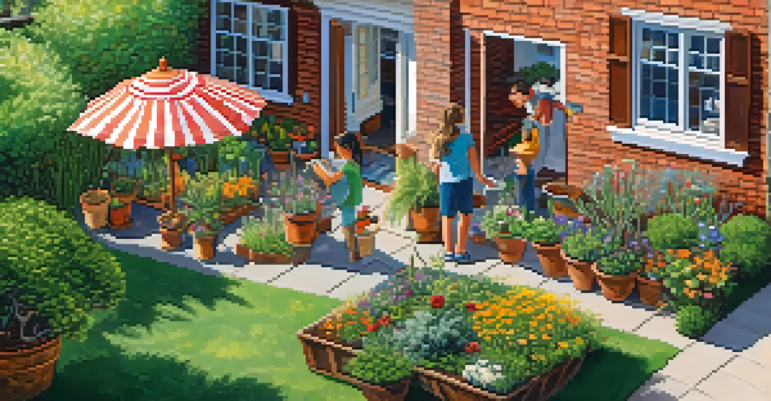 A family gardening together, with children watering plants and adults planting in a sunny garden.