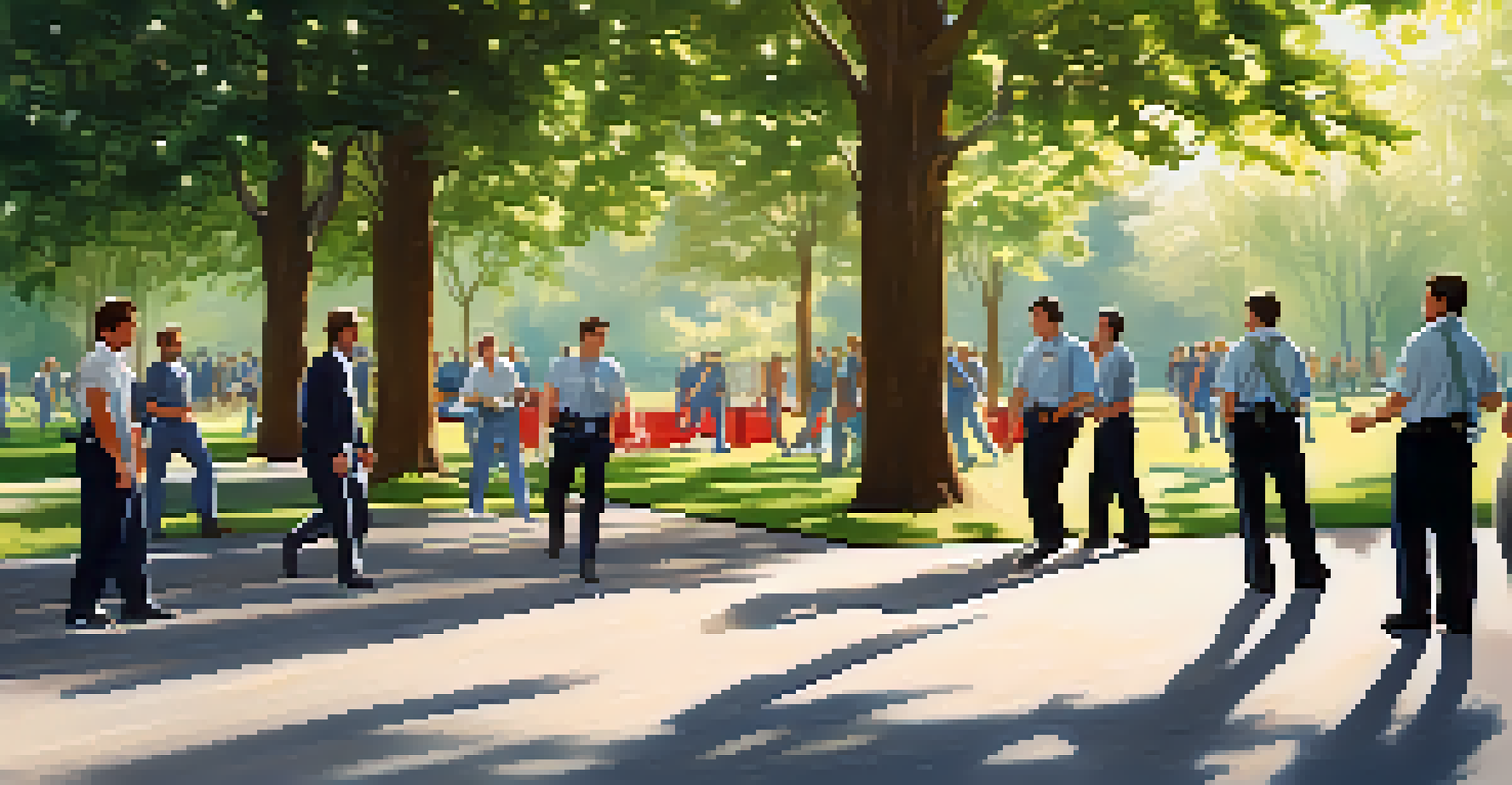 Employees conducting an outdoor drill for crisis response in a park, practicing evacuation procedures under bright sunlight.