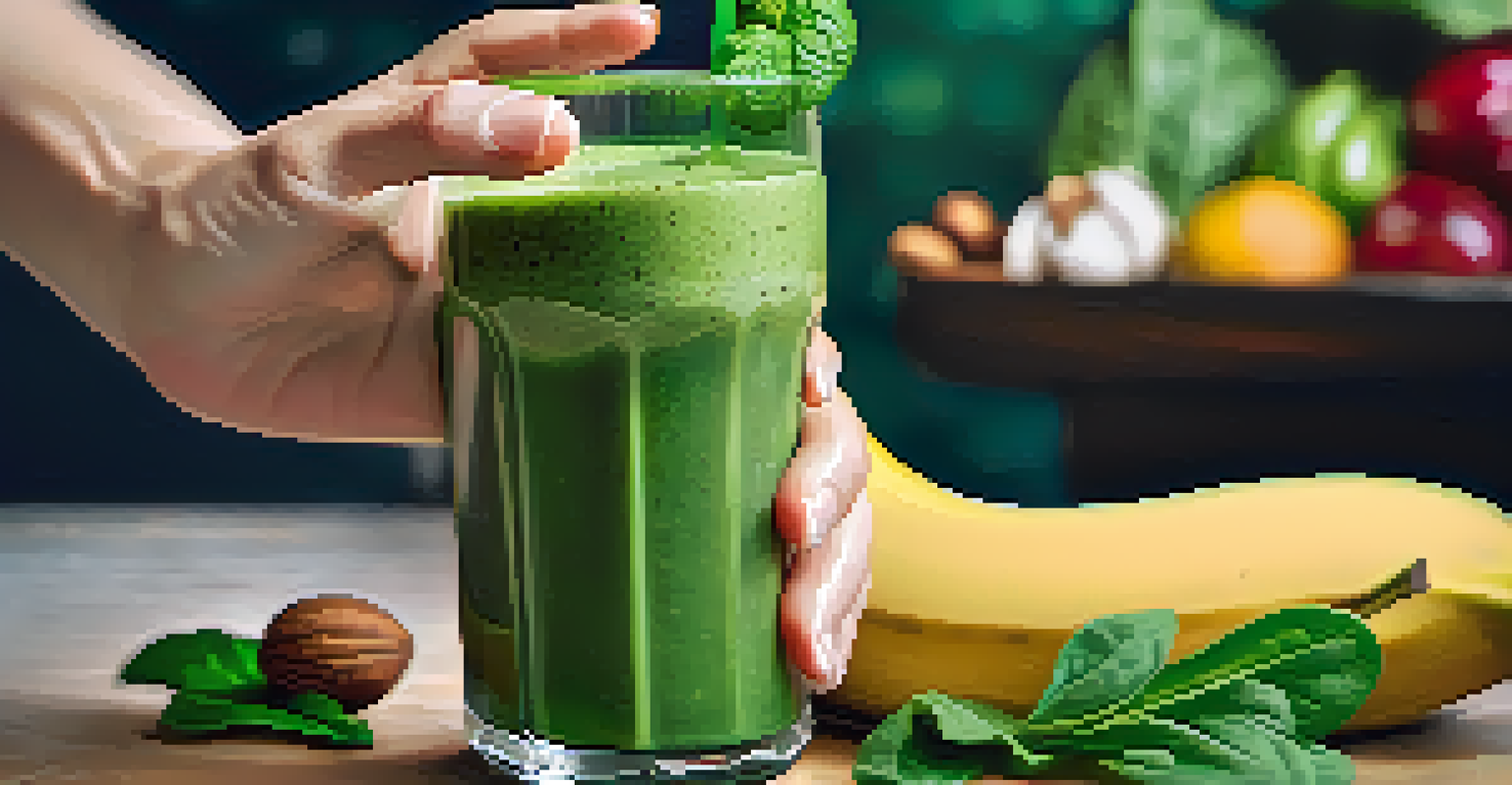 A close-up of hands holding a green smoothie with surrounding fresh ingredients, creating a vibrant healthy scene.