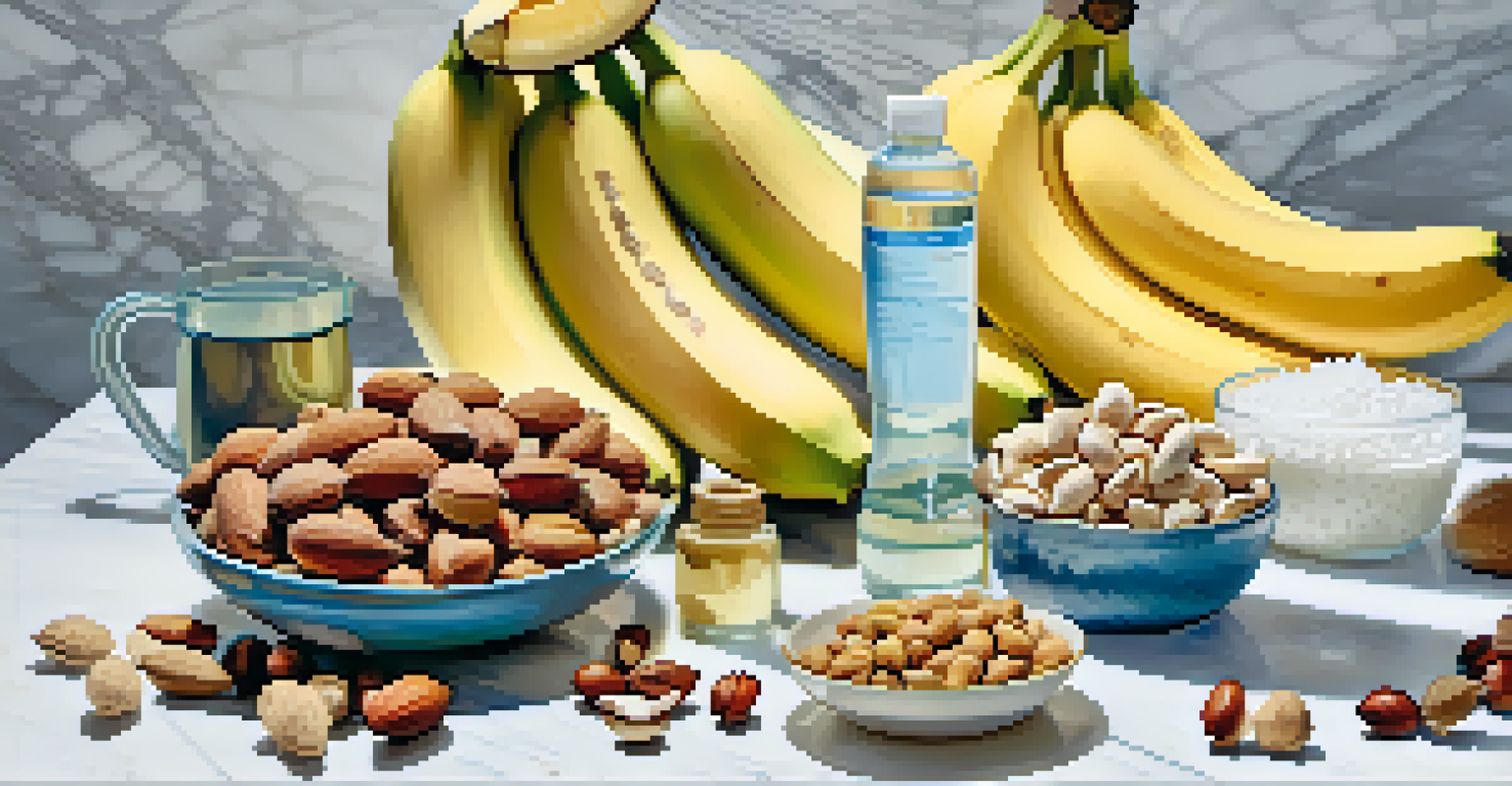 A variety of electrolyte-rich foods on a marble countertop, including bananas and coconut water.