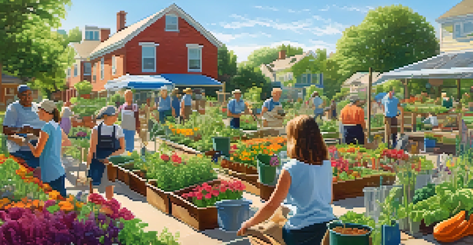 A diverse group of people working together in a colorful community garden under a sunny sky.