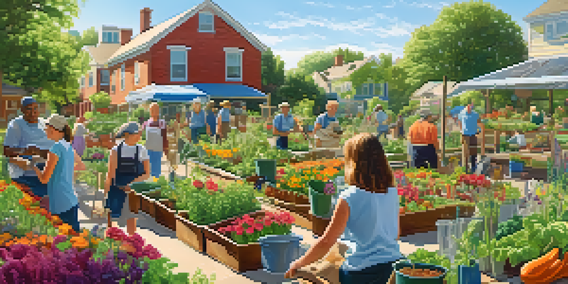 A diverse group of people working together in a colorful community garden under a sunny sky.