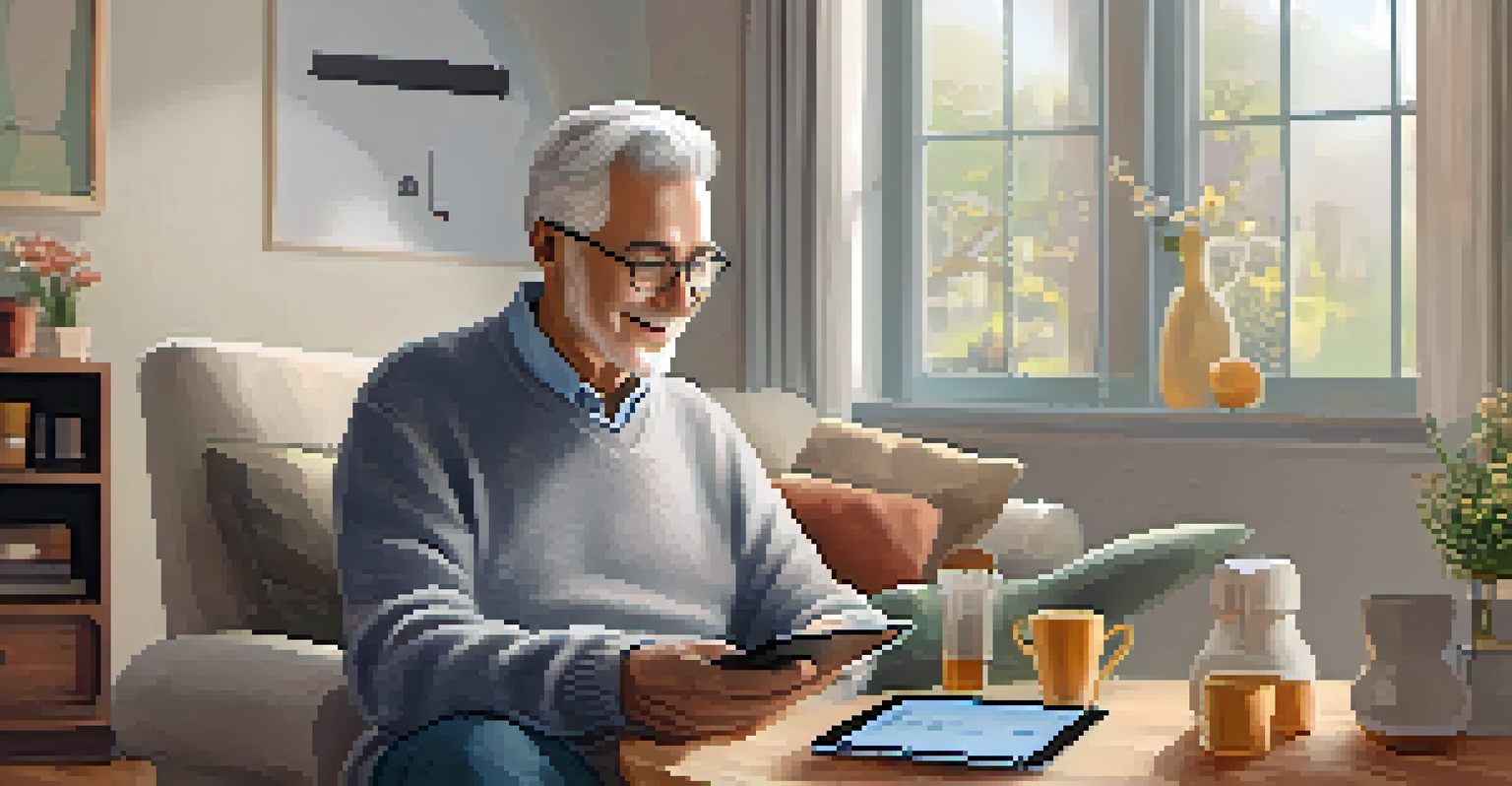 An elderly patient using a telemedicine app in a cozy living room.