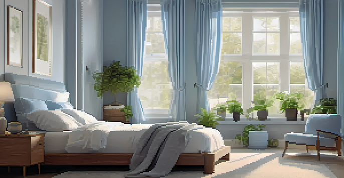 A tranquil bedroom showcasing a cozy bed with soft pillows, gentle lighting, and decorative plants, ideal for promoting restful sleep.