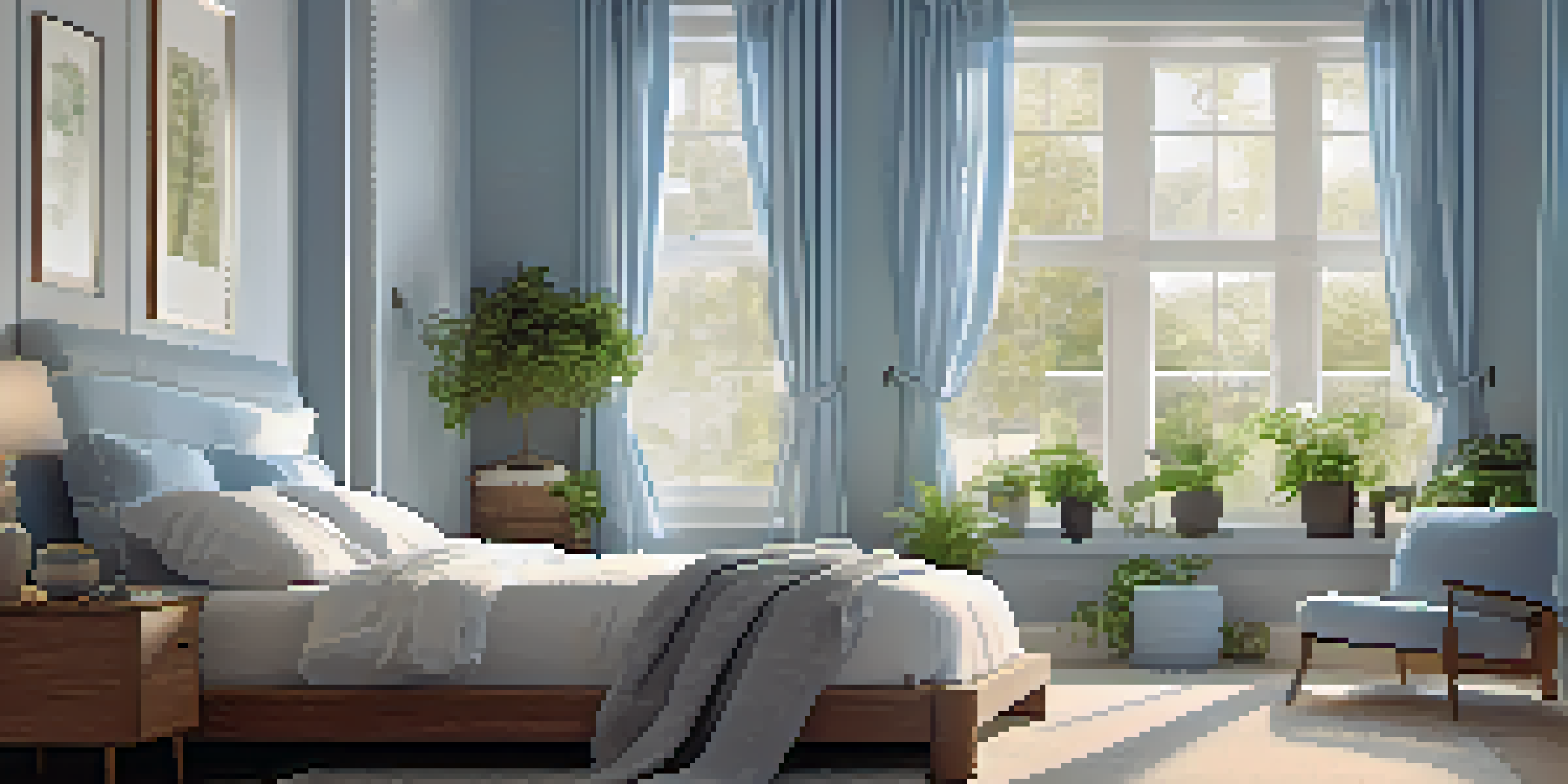 A tranquil bedroom showcasing a cozy bed with soft pillows, gentle lighting, and decorative plants, ideal for promoting restful sleep.