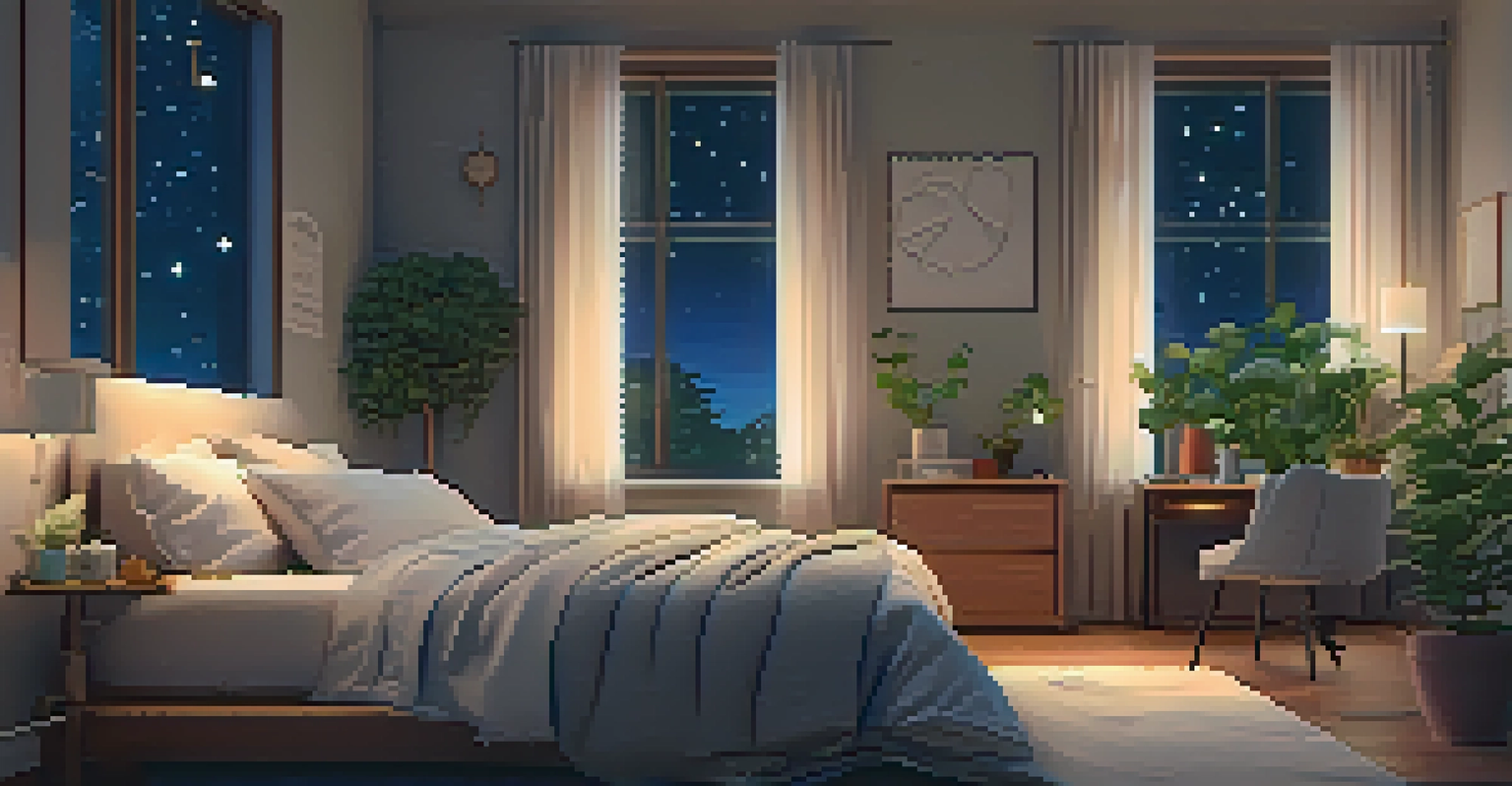 A cozy bedroom with soft lighting, a made bed, and a starry night visible through the window.
