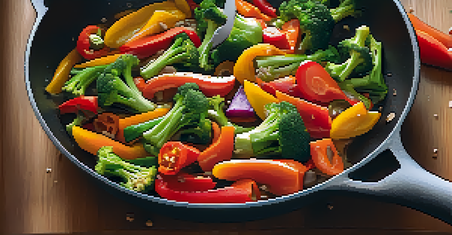 A colorful stir-fry with bell peppers, broccoli, and carrots in a skillet on a wooden kitchen countertop.