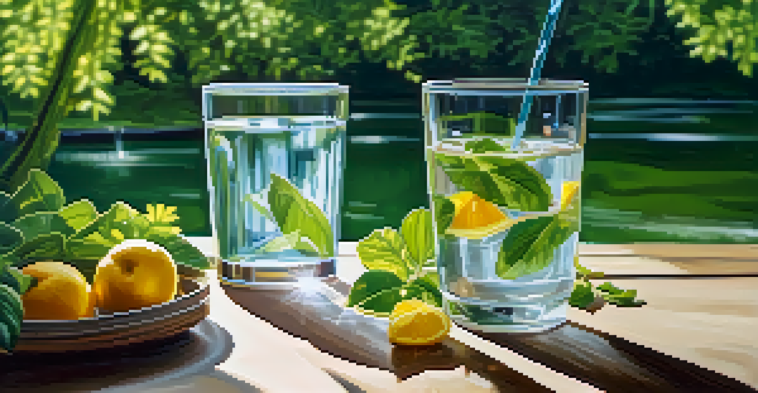 A clear glass of water on a wooden picnic table surrounded by greenery and flowers in a serene outdoor setting.