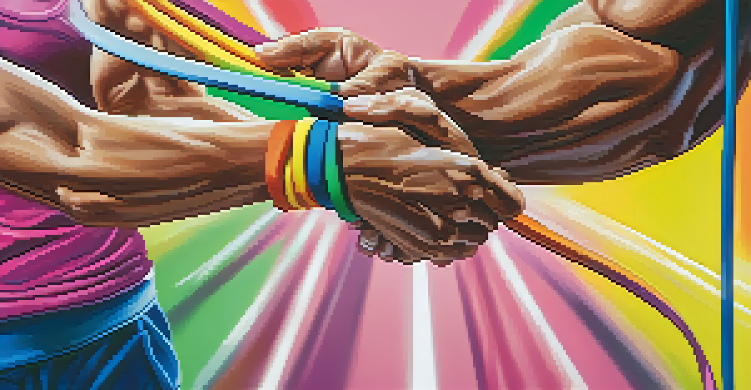 Close-up of hands gripping a resistance band, focusing on strength training in a colorful gym.
