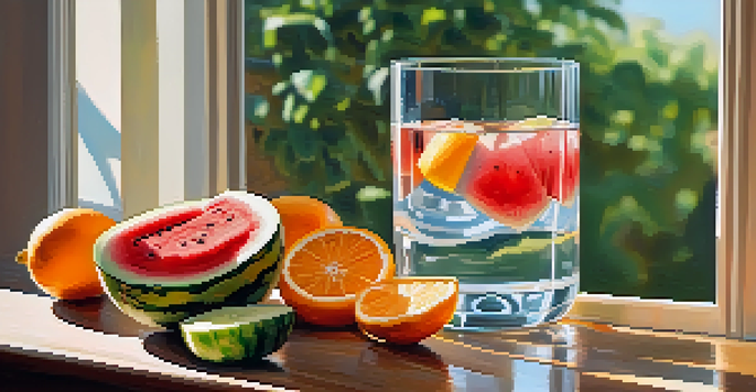 A close-up of a glass of water surrounded by fruits such as watermelon, cucumber, and orange, with soft sunlight filtering through a window.