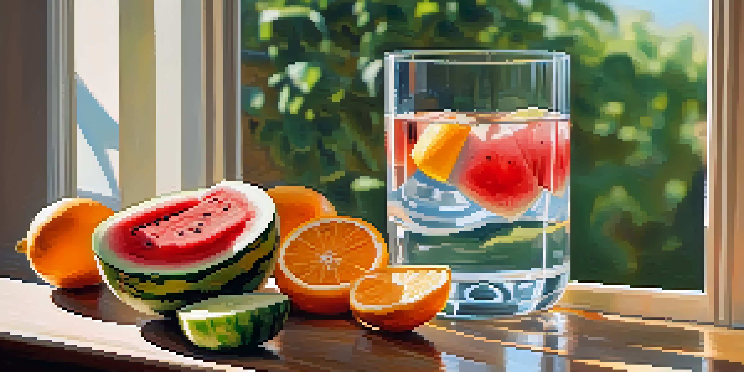 A close-up of a glass of water surrounded by fruits such as watermelon, cucumber, and orange, with soft sunlight filtering through a window.