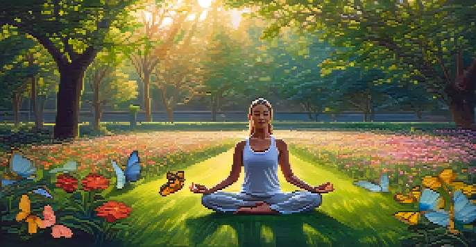 A person practicing yoga in a peaceful park during sunrise, surrounded by flowers and butterflies.