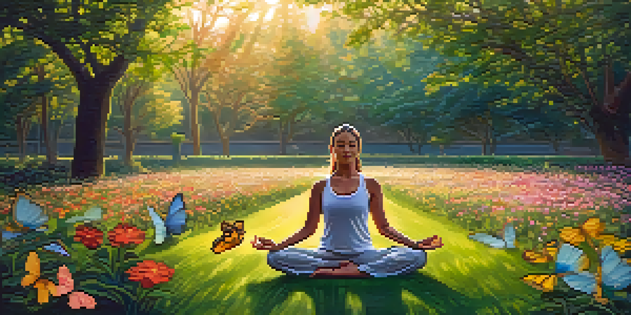 A person practicing yoga in a peaceful park during sunrise, surrounded by flowers and butterflies.