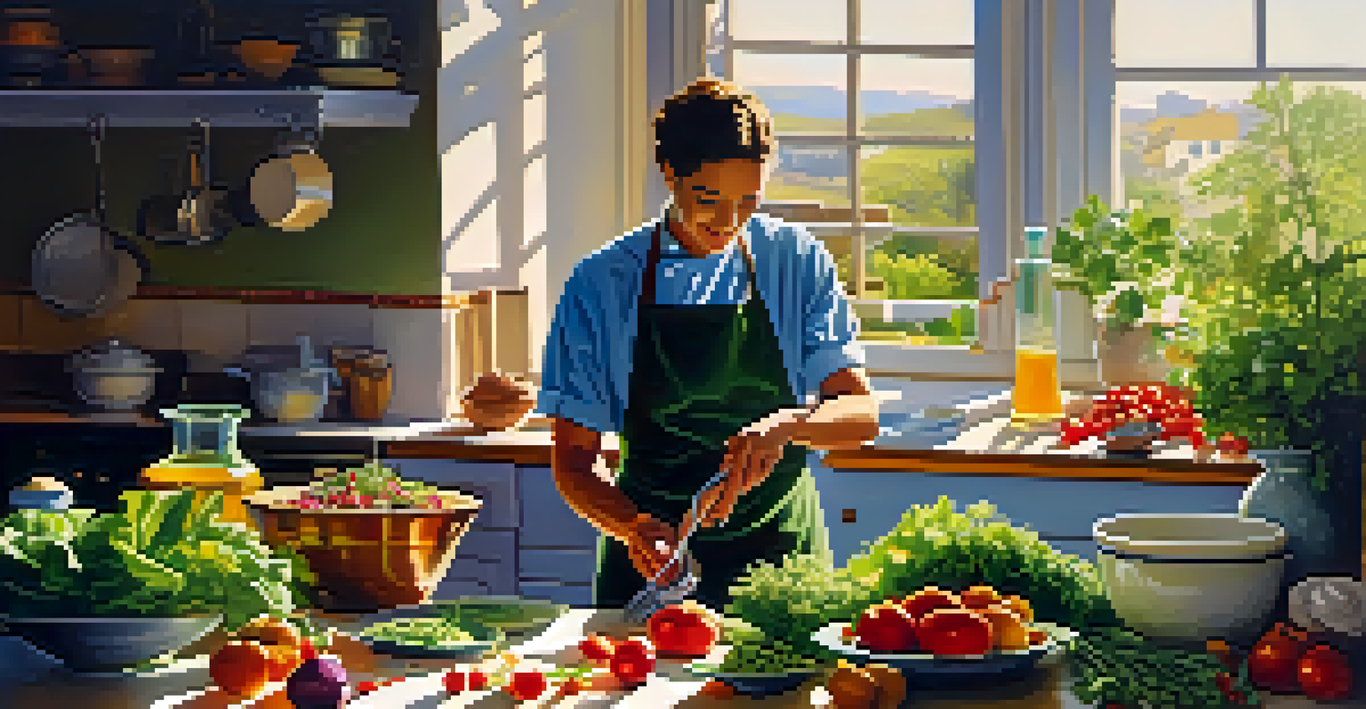 A chef preparing a salad in a bright kitchen filled with fresh vegetables and olive oil, illuminated by sunlight.