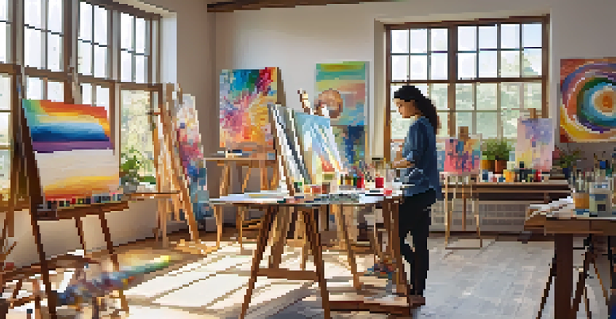 A bright art therapy studio with a person painting at a large table filled with colorful art supplies and vibrant artwork on the walls.