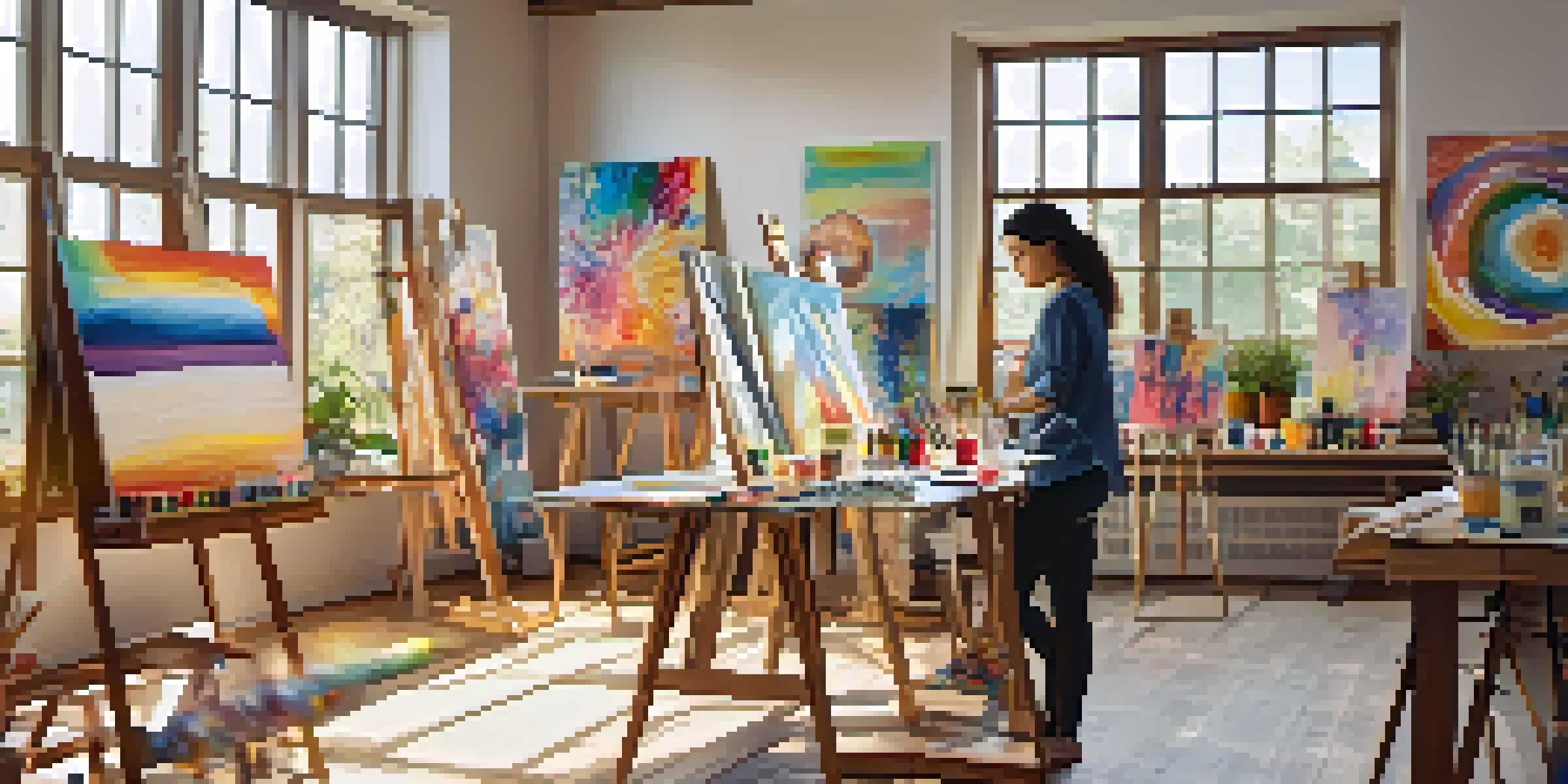 A bright art therapy studio with a person painting at a large table filled with colorful art supplies and vibrant artwork on the walls.