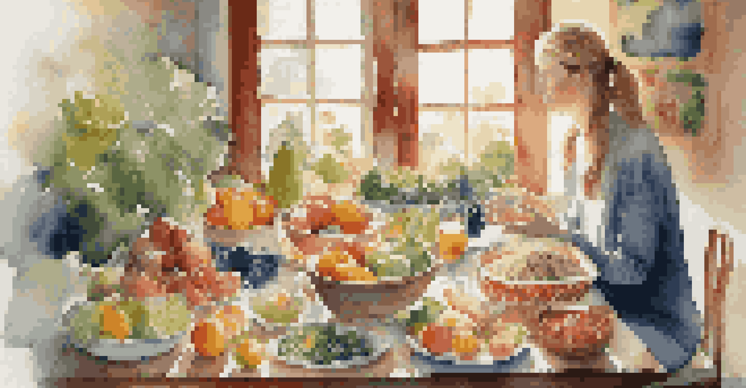 A person with closed eyes expressing gratitude before a meal, surrounded by a variety of colorful healthy foods.
