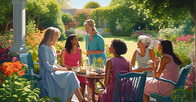 A diverse group of women talking in a sunny garden, surrounded by flowers and greenery.