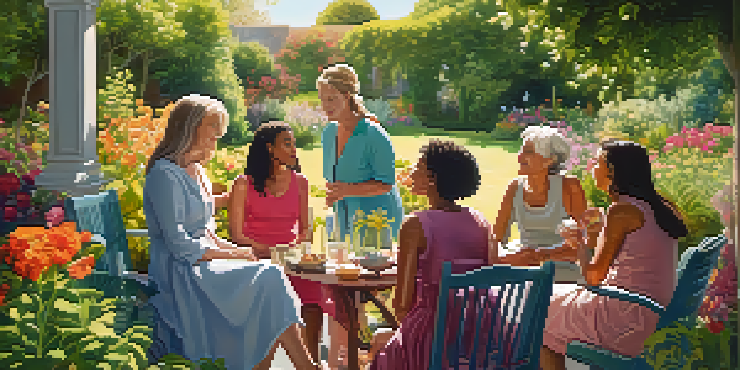 A diverse group of women talking in a sunny garden, surrounded by flowers and greenery.
