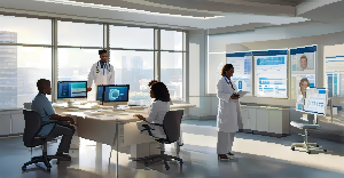A diverse group of healthcare professionals in a bright office discussing electronic health records, highlighting teamwork and technology.