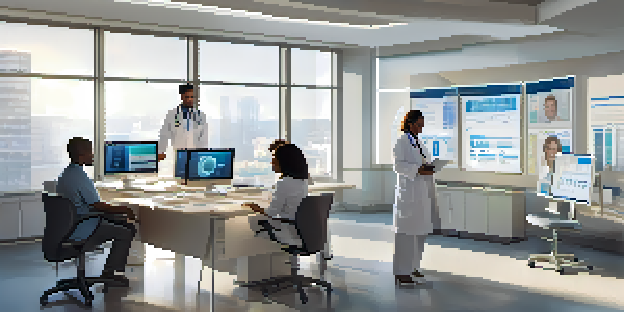 A diverse group of healthcare professionals in a bright office discussing electronic health records, highlighting teamwork and technology.