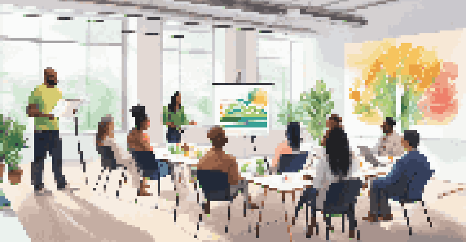 A diverse group of employees participating in a wellness workshop in a bright office space.
