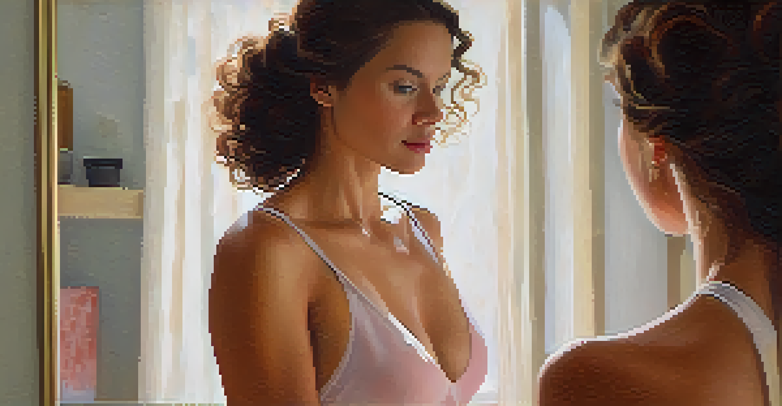 A woman performing a breast self-exam in front of a mirror, focusing on self-care and awareness.