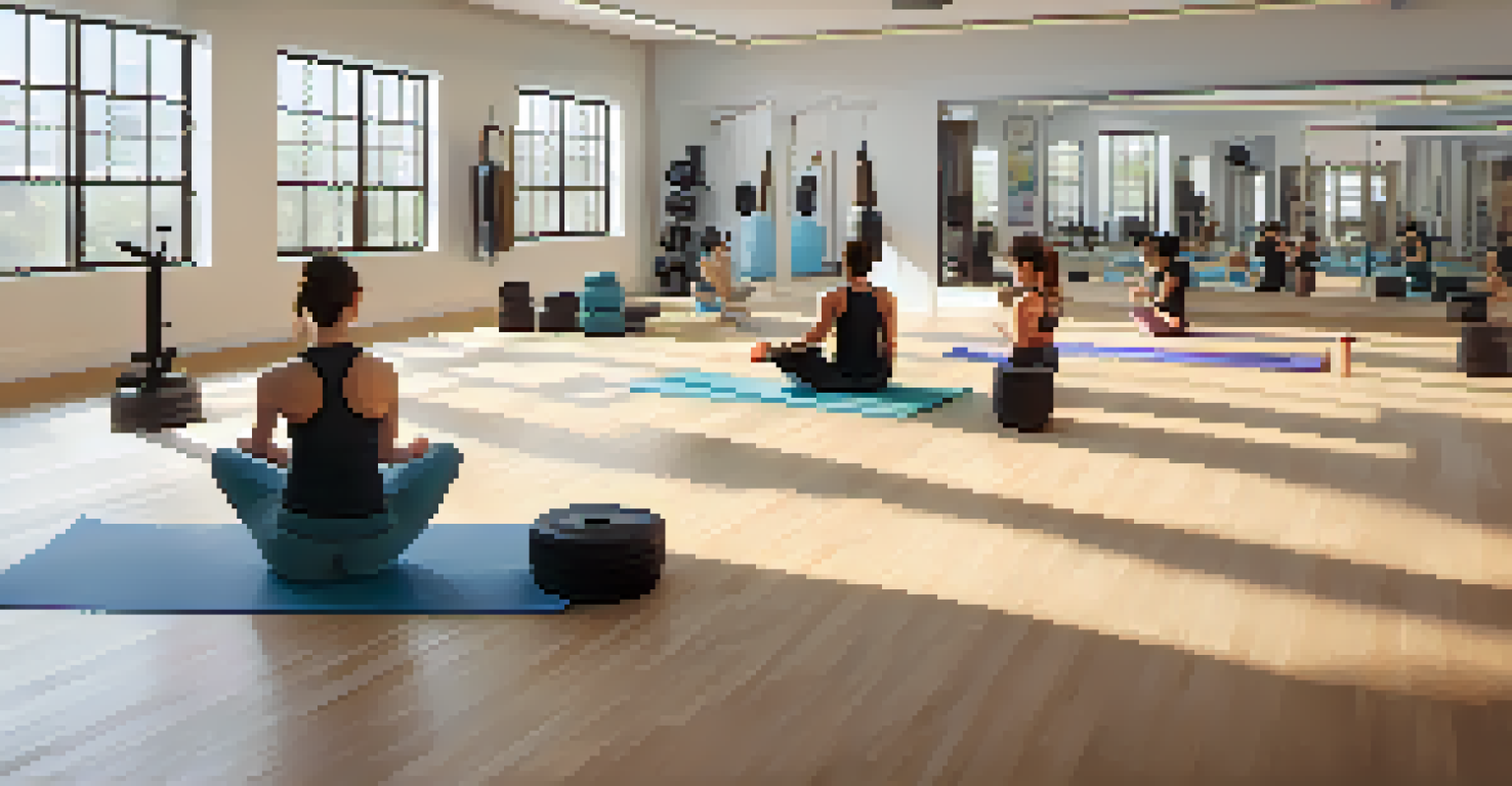 Individuals practicing yoga, Pilates, and weightlifting in a bright fitness studio.