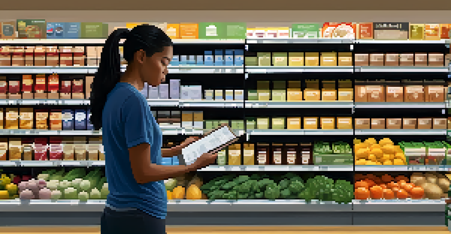 A person reading food labels in a grocery store, with whole foods on the shelves, looking focused and mindful of their choices.