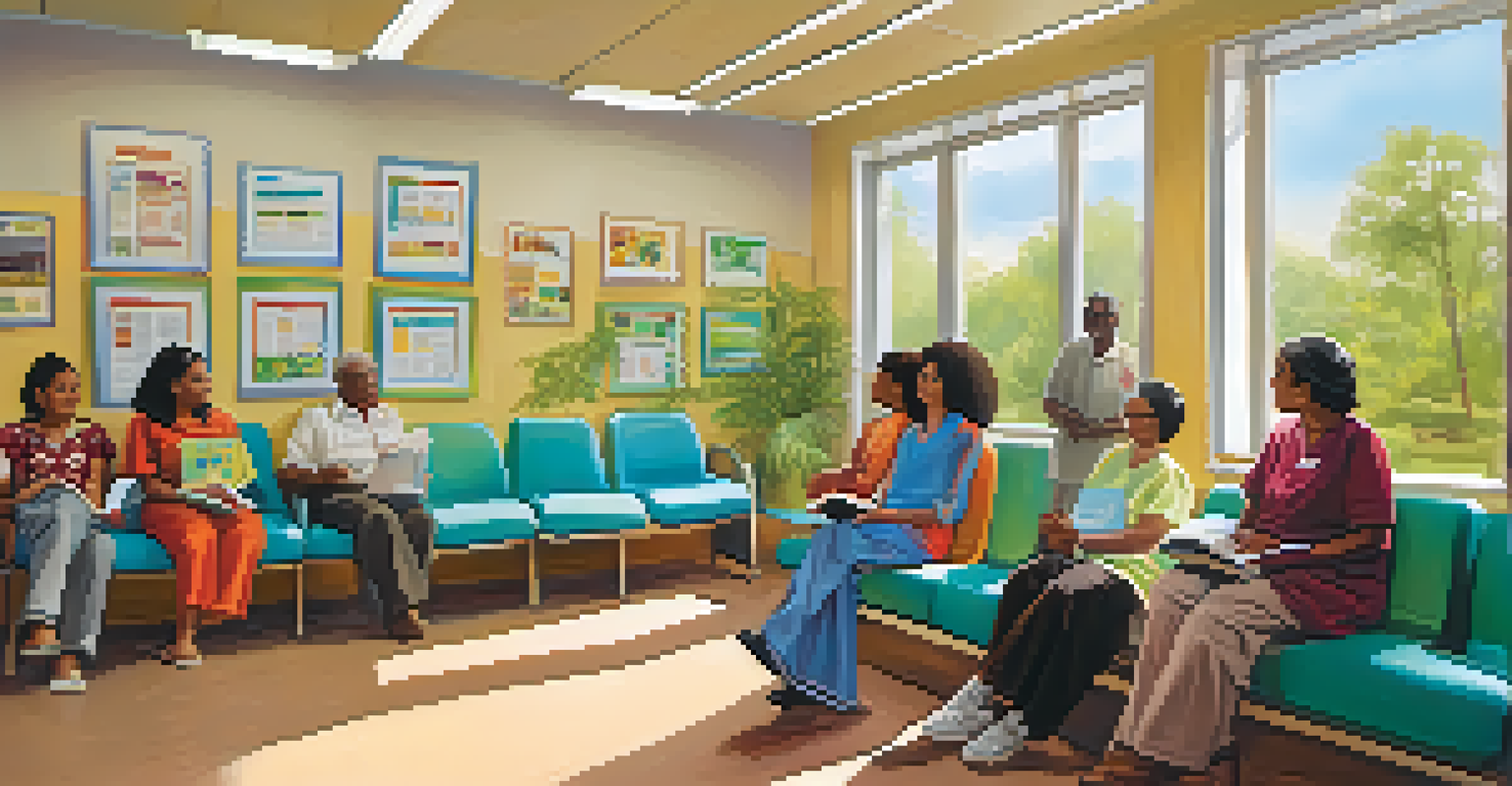 A diverse group of patients in a colorful healthcare clinic waiting room, engaged with health literature.
