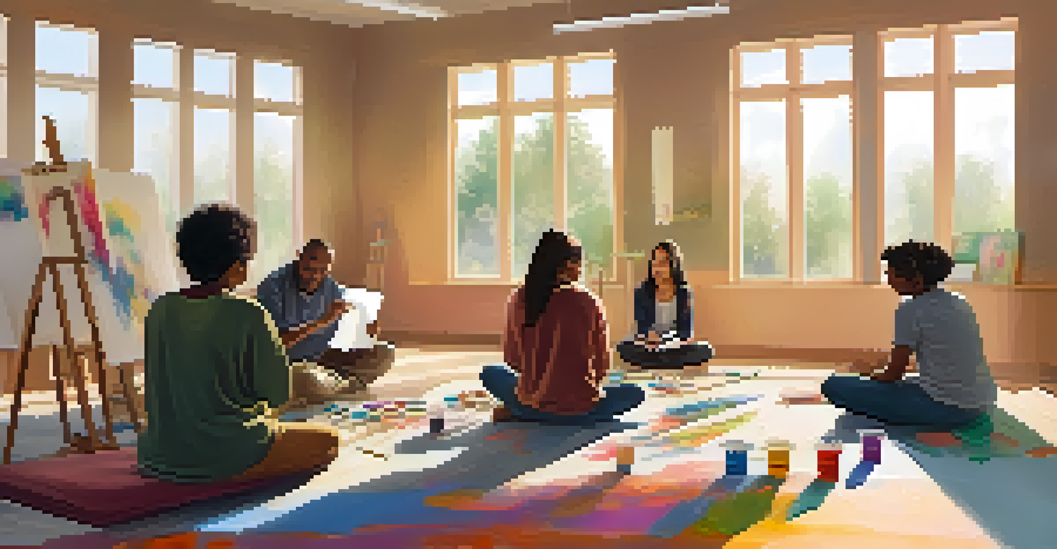 A diverse group of individuals participating in an art therapy session, engaged in creative activities, with warm light coming through the windows.