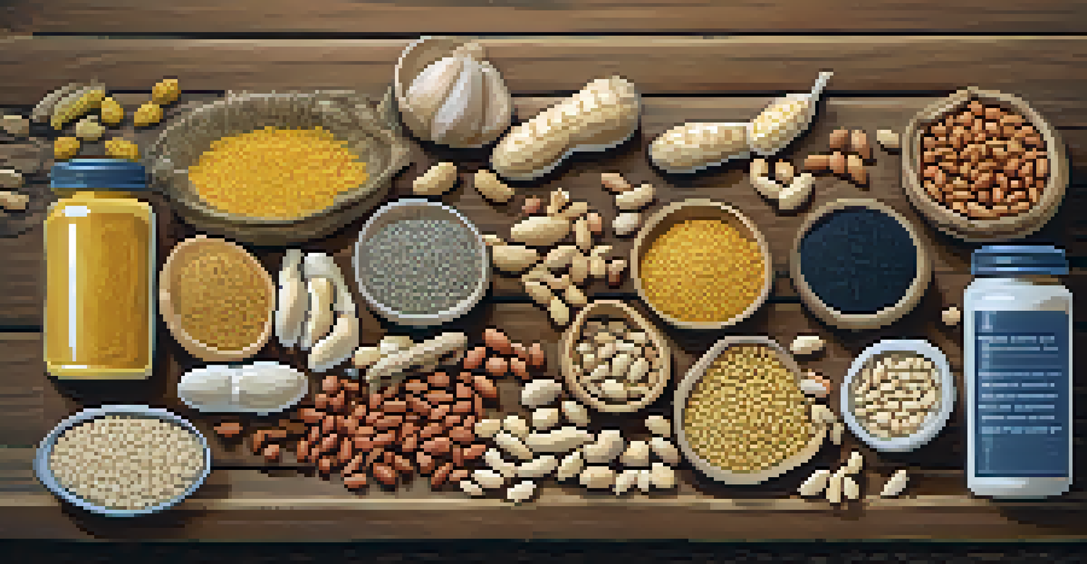 Artistic display of common allergens like peanuts and shellfish on a rustic wooden table.